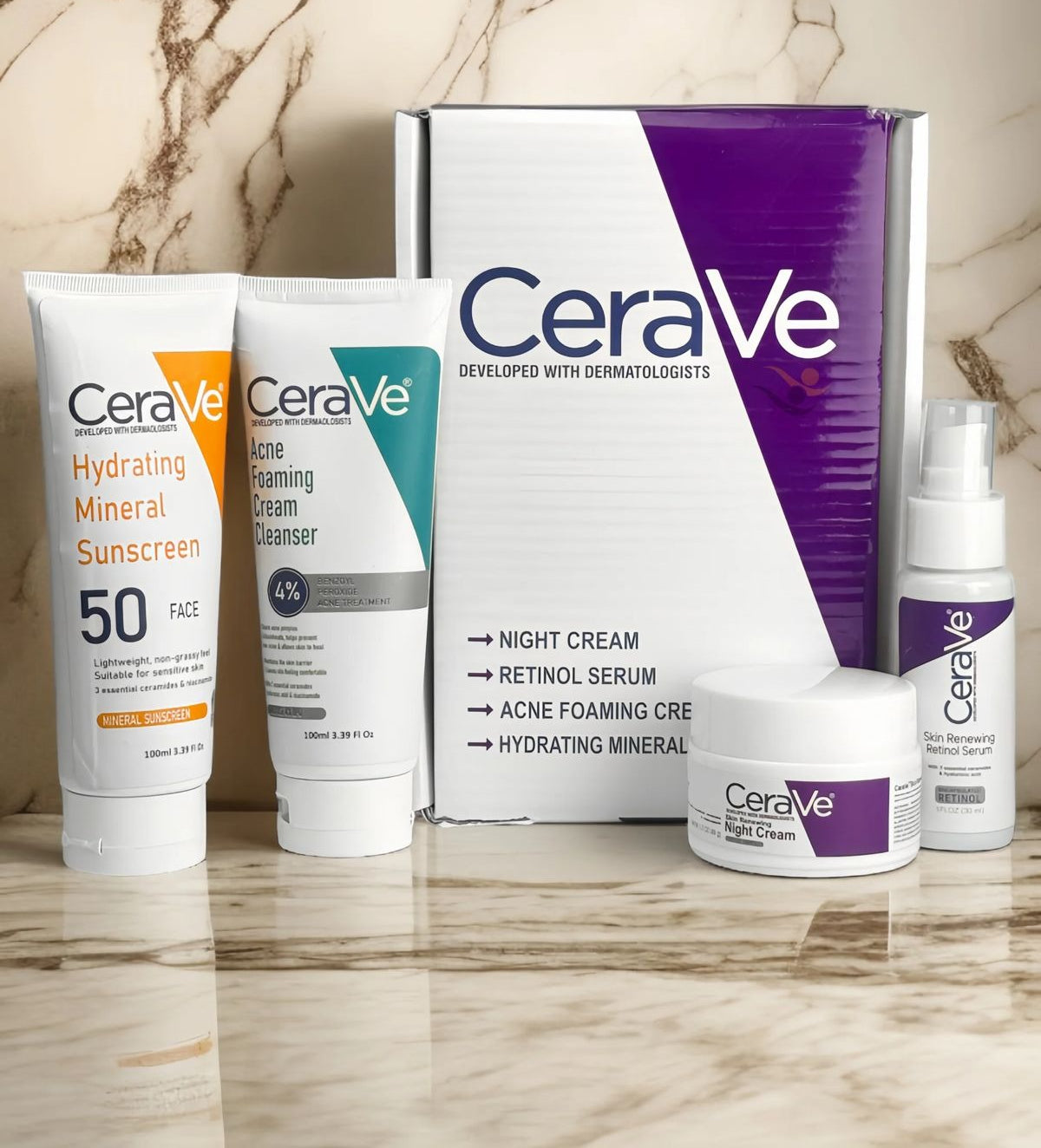 Complete Skin Care Kit – Night Cream, Retinal Serum, Acne Foaming Cleanser & Hydrating Mineral Sunscreen