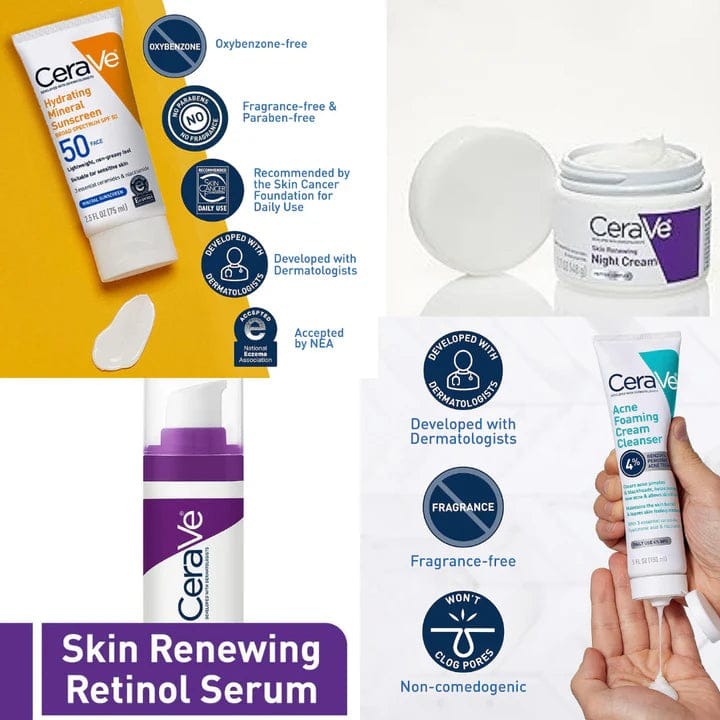 Complete Skin Care Kit – Night Cream, Retinal Serum, Acne Foaming Cleanser & Hydrating Mineral Sunscreen