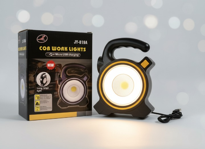 COB LED Work Light JY-819A – Rechargeable Portable Torch with Micro USB Charging, Ultra-Bright Illumination & Durable Design for Home, Car & Outdoor Use