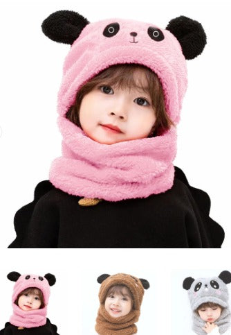 Buy 1, Get 1 Free - Kids Winter Panda Wool Cap With Neck Warmer – Warm And Cozy Cartoon Panda Design Baby Cap For Winter Protection (Random Color)