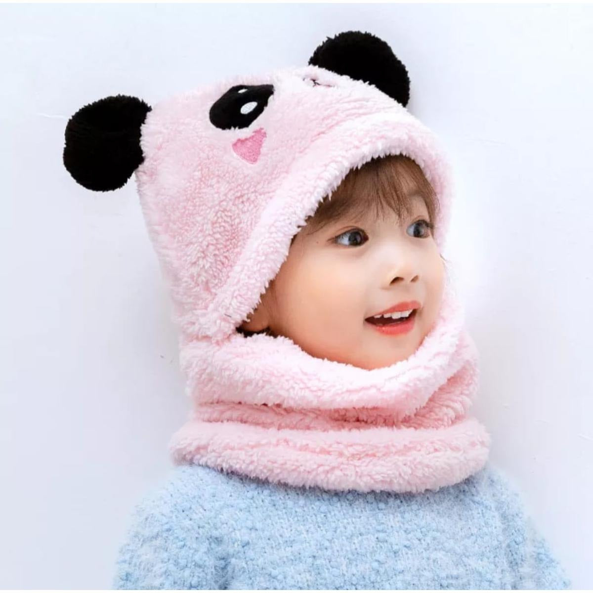 Buy 1, Get 1 Free - Kids Winter Panda Wool Cap With Neck Warmer – Warm And Cozy Cartoon Panda Design Baby Cap For Winter Protection (Random Color)