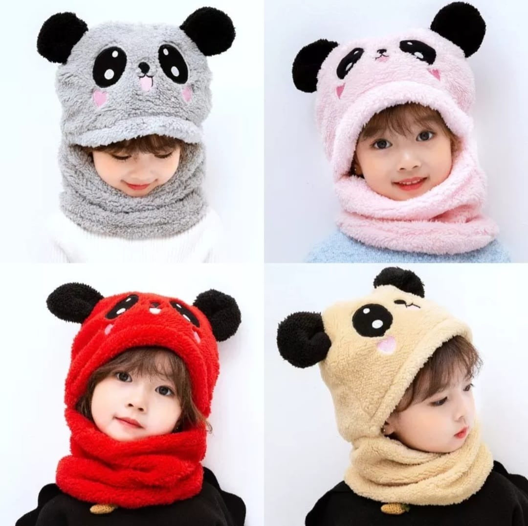 Buy 1, Get 1 Free - Kids Winter Panda Wool Cap With Neck Warmer – Warm And Cozy Cartoon Panda Design Baby Cap For Winter Protection (Random Color)