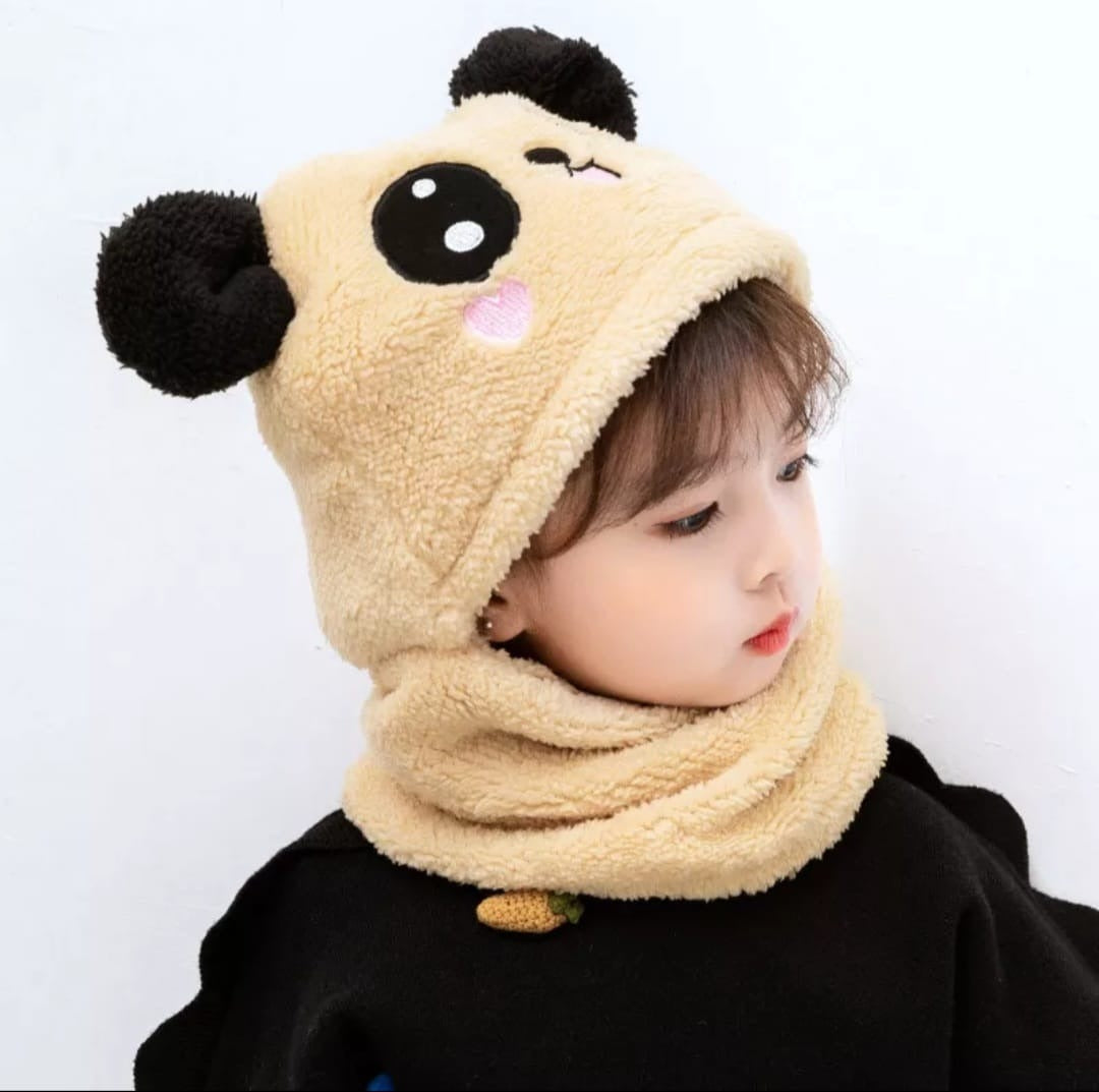 Buy 1, Get 1 Free - Kids Winter Panda Wool Cap With Neck Warmer – Warm And Cozy Cartoon Panda Design Baby Cap For Winter Protection (Random Color)