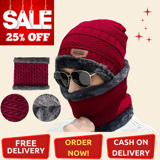 2 Pcs - Wool Cap With Neck Warmer| Beanie | Neck Warmer Scarf Set Wool Cap With Fleece Mask| Neck Band