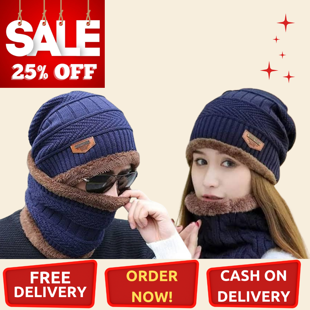 4 pcs - Unisex Woolen Cap With Neck Warmer, Grey Navy (Buy 1 Get 1 Free)