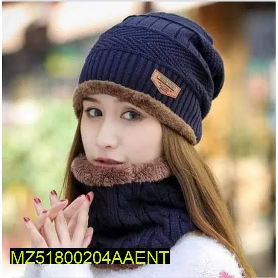 4 pcs - Unisex Woolen Cap With Neck Warmer, Grey Navy (Buy 1 Get 1 Free)