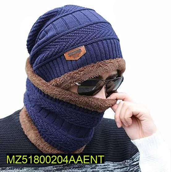 4 pcs - Unisex Woolen Cap With Neck Warmer, Grey Navy (Buy 1 Get 1 Free)